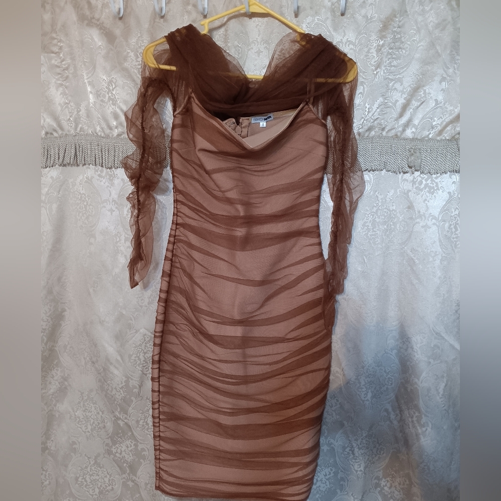 Fashion Nova Chocolate Mesh Long Sleeve Dress